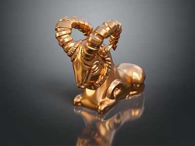 Golden Ram Sculpture With Spiral Horns In Reclining Pose On Dark Reflective Surface 3d model
