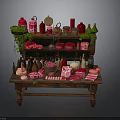 Assorted Food On Wooden Shelf Table With Red Pink Meat Bottled Spices Green Plant Decor