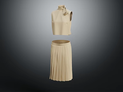 Elegant Beige High Neck Sleeveless Top And Pleated Skirt Fashion Outfit 3d model