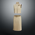 Elegant Beige High Neck Sleeveless Top And Pleated Skirt Fashion Outfit