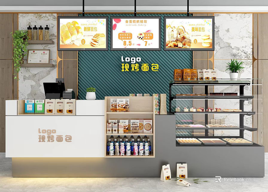Bakery Reception Counter Interior Design With Digital Screens Display Shelves And Green Plants 3d model 