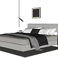 Modern Double Bed Interior With Light Frame White Gray Pillows Nightstand Lamp And Wall Art