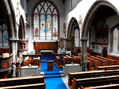 Cartoon Church Interior With Stained Glass Windows Arched Structures And Wooden Pews 3d model
