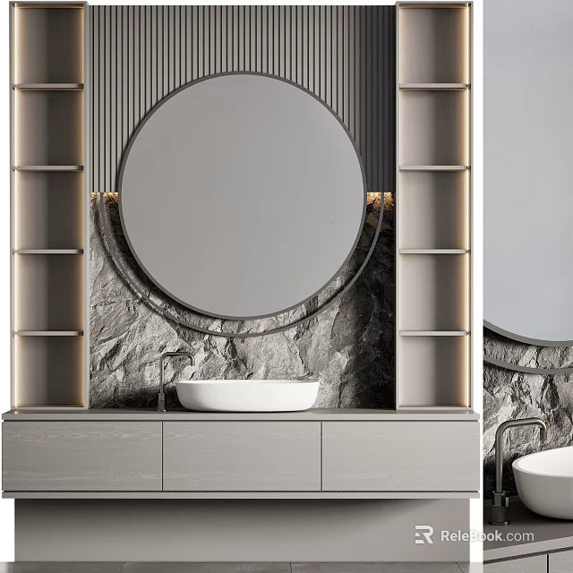 Elegant Modern Bathroom Vanity With Circular Mirror Stone Wall And Shelves 3d model 