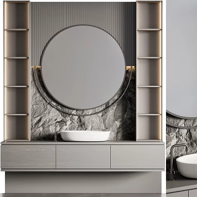 Elegant Modern Bathroom Vanity With Circular Mirror Stone Wall And Shelves 3d model