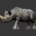 Bronze Rhinoceros Statue with Intricate Metal Plates on Black Reflective Surface