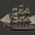 Detailed Model Sailboat With Multiple Masts White Sails And Colorful Hull