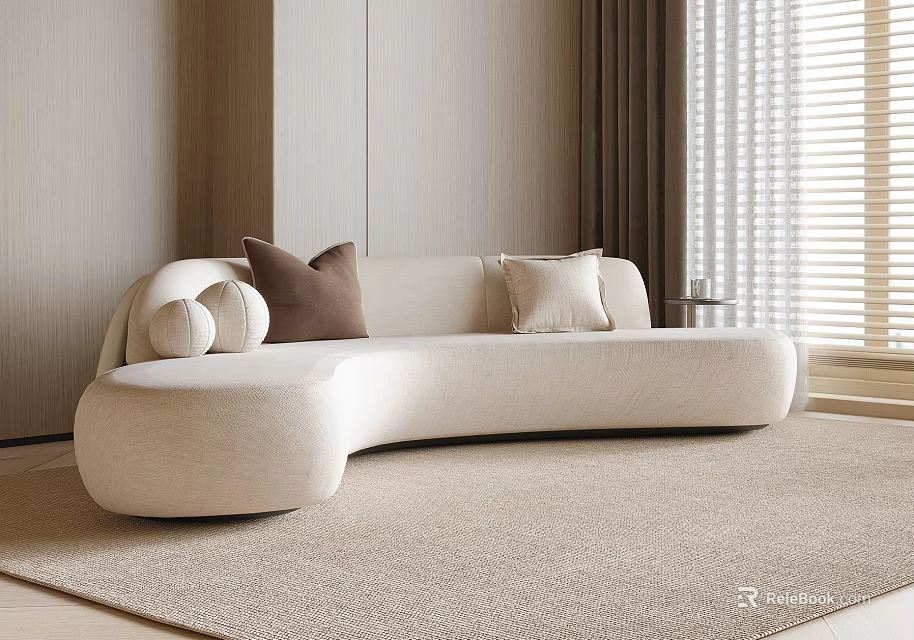 Beige Curved Sofa with Brown Cream Pillows on Light Rug Light Walls Window Blinds 3d model 