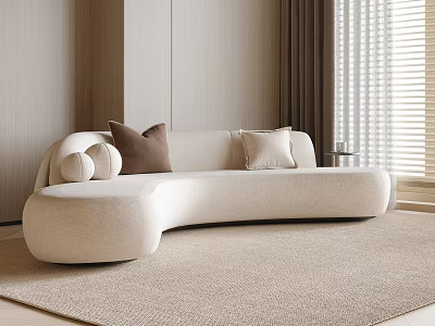 Beige Curved Sofa with Brown Cream Pillows on Light Rug Light Walls Window Blinds 3d model