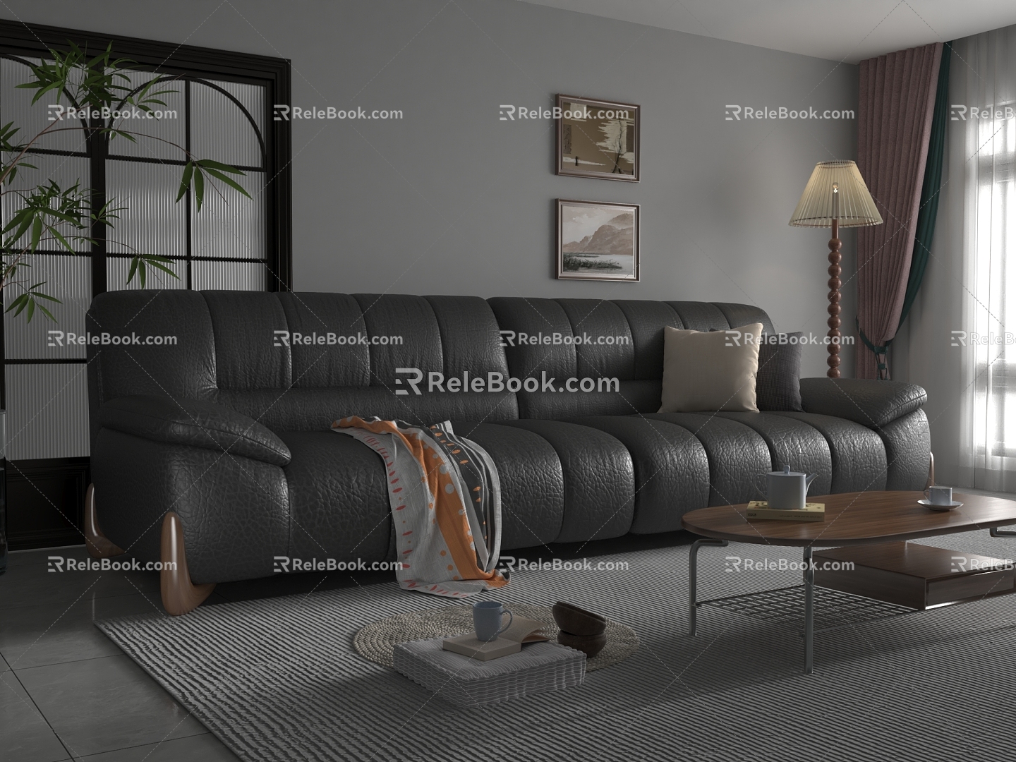 Black leather sofa coffee table combination model