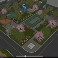Community Public Garden Landscape With Traditional Chinese Pavilion Children Playground And Lush Flowering Ornamental Plants