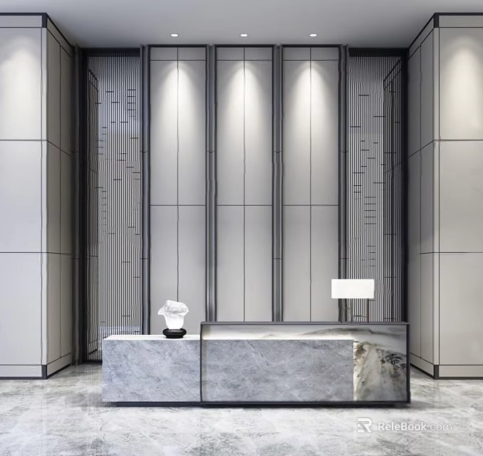 Sleek Modern Reception Desk With Marble Countertop And Vertical Striped Backdrop 3d model