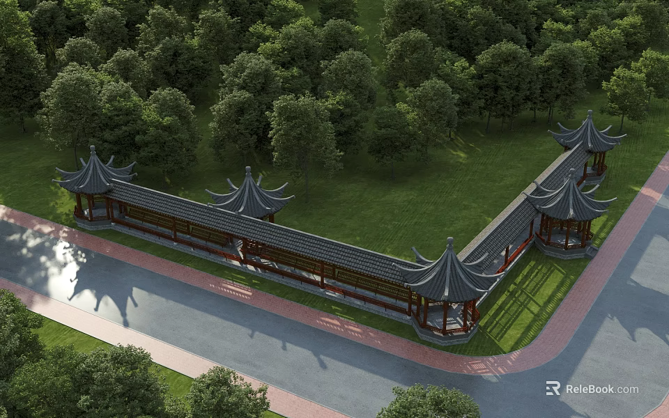 Ancient Chinese Architecture With Curved Eaves Wooden Pavilions Long Corridors Green Lawn And Trees 3d model 