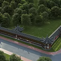 Ancient Chinese Architecture With Curved Eaves Wooden Pavilions Long Corridors Green Lawn And Trees