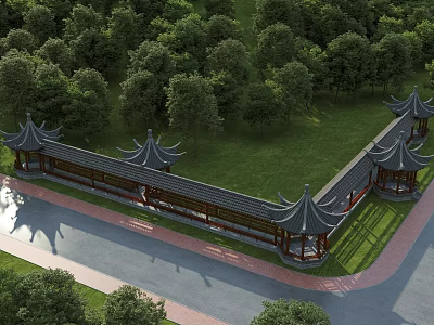 Ancient Chinese Architecture With Curved Eaves Wooden Pavilions Long Corridors Green Lawn And Trees 3d model