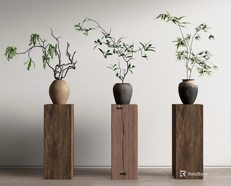 Three Bonsai Plants in Dark Ceramic Pots on Wooden Pedestals Minimalist Interior 3d model 