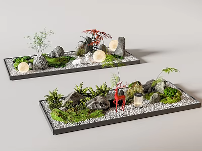 Indoor Landscape With Rectangular Trays Stones Green Plants Red Deer Figurine And Wood Slices 3d model
