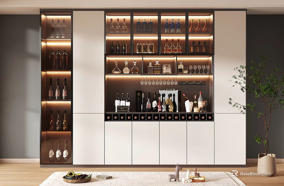 Modern Wine Cabinet With Layered Shelves LED Lighting And Glassware 3d model 