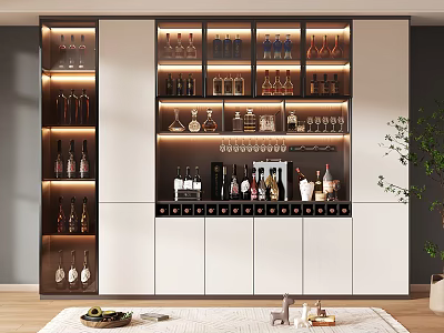 Modern Wine Cabinet With Layered Shelves LED Lighting And Glassware 3d model