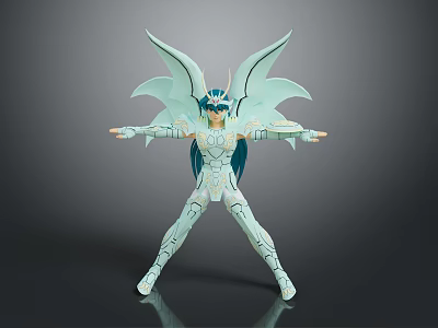 Blue And White Armored Action Figure With Teal Wings Posed Open Arms 3d model