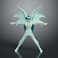 Blue And White Armored Action Figure With Teal Wings Posed Open Arms