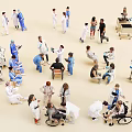 Multiple Medical Staff And Patients Interacting In Clinical Setting With Wheelchairs And Treatment Activities