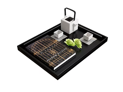 Elegant Tea Set with White Teapot Containers on Black Tray Gold Patterned Book Green Leaves 3d model