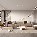 Modern Living Room With Beige Sofa Brown Armchair Coffee Table Floor Lamp And Green Plants