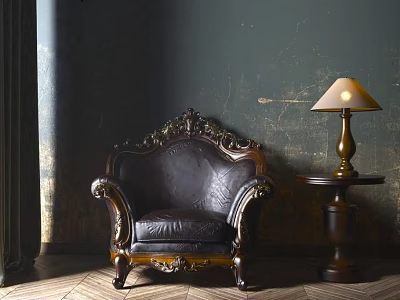 Classic Carved Leather Armchair with Side Table and Table Lamp in Vintage Dark Background Setting 3d model