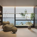 Modern Home Balcony With Striped Chairs Potted Plants And Sea View Blinds