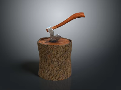 Detailed Axe Weapon With Wooden Handle Metal Head On Wooden Stump 3d model