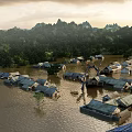 Flooded Village Landscape With Submerged Houses Green Trees And Distant Mountains Under Cloudy Sky