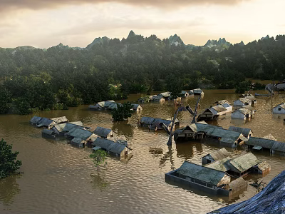 Flooded Village Landscape With Submerged Houses Green Trees And Distant Mountains Under Cloudy Sky 3d model