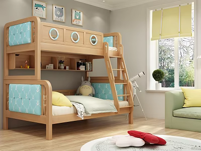 Wooden Bunk Bed with Blue Padded Headboards in Bright Bedroom Near Window and Green Plants 3d model