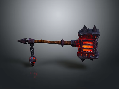 Black Spiked War Hammer With Red Glowing Core Brown Handle And Decorative End 3d model