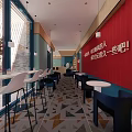 Modern Milk Tea Shop Interior With Red Decorative Wall Large Windows And Comfortable Seating