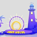 Purple Night Party Stage with Lighthouse Spiral Staircase Palm Tree and Sun Decoration