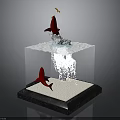 Transparent Cube Container With Red Fish Jumping Water Splashes And White Sand