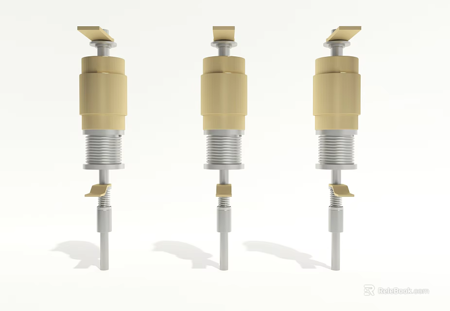 Three Yellow Automotive Metal Parts With Knob And Threaded Bolt Structure 3d model 