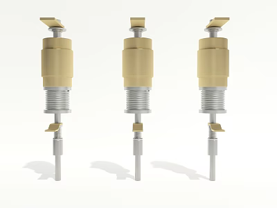 Three Yellow Automotive Metal Parts With Knob And Threaded Bolt Structure 3d model