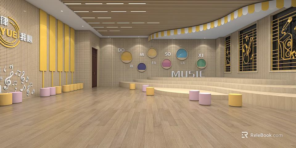 Vibrant Music Classroom With Colorful Musical Notes Yellow Curtains Wooden Floor And Stools 3d model 