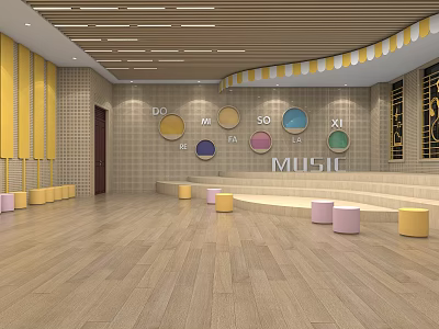 Vibrant Music Classroom With Colorful Musical Notes Yellow Curtains Wooden Floor And Stools 3d model