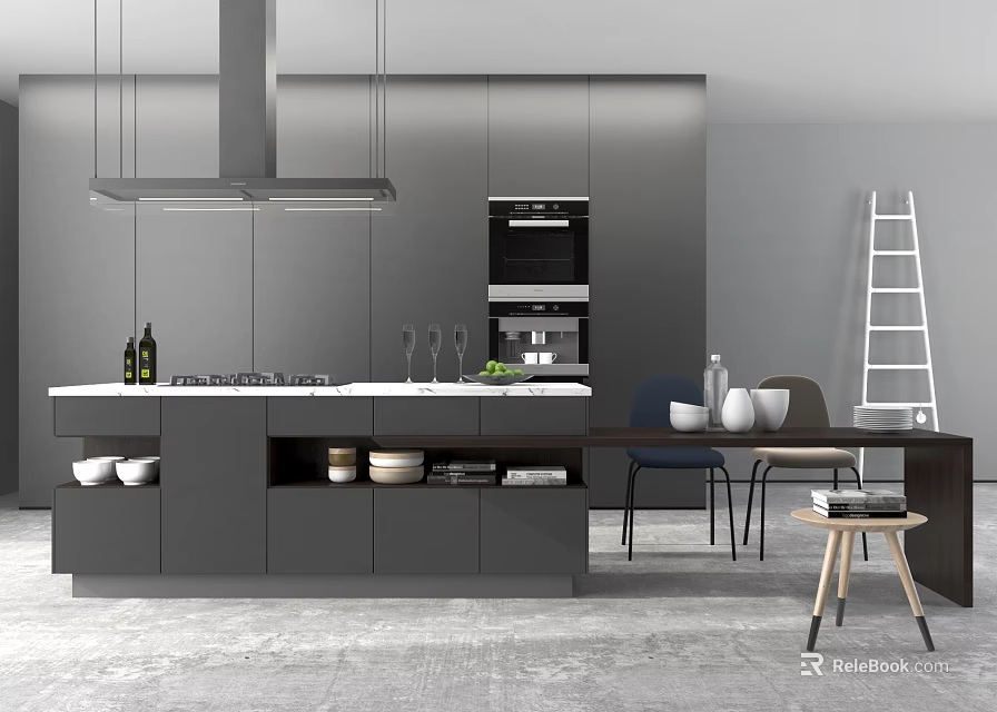Modern Kitchen with Gray Cabinets Island Counter Appliances and Dining Table Chairs 3d model 