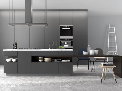 Modern Kitchen with Gray Cabinets Island Counter Appliances and Dining Table Chairs 3d model
