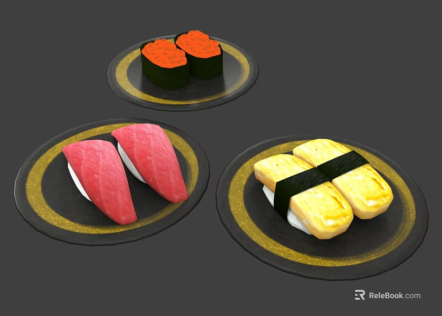 Delicious Assorted Sushi Plates With Tuna Salmon And Tamagoyaki On Black Gold Rimmed Dishes 3d model 