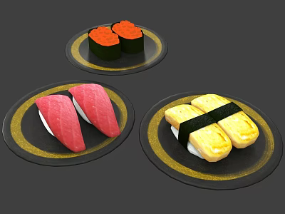 Delicious Assorted Sushi Plates With Tuna Salmon And Tamagoyaki On Black Gold Rimmed Dishes 3d model