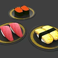 Delicious Assorted Sushi Plates With Tuna Salmon And Tamagoyaki On Black Gold Rimmed Dishes