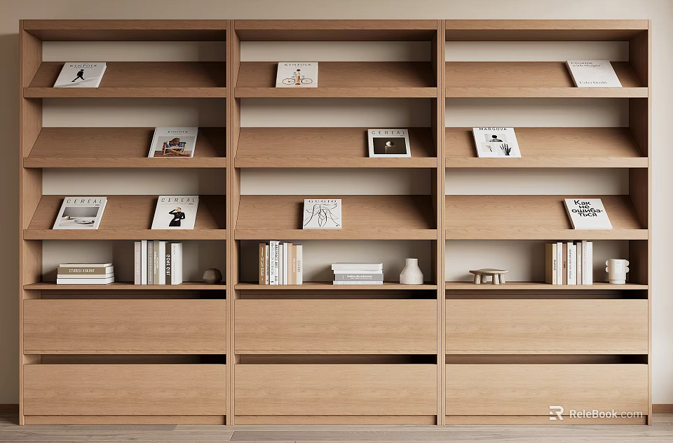 Wooden Bookcase With Multiple Shelves Drawers Books Photo Frames And Decorative Items 3d model 
