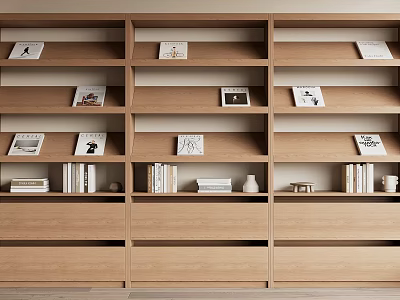 Wooden Bookcase With Multiple Shelves Drawers Books Photo Frames And Decorative Items 3d model