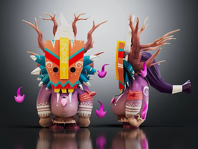 Mythical Character Creature Design With Decorative Mask Antler And Flame Accents 3d model
